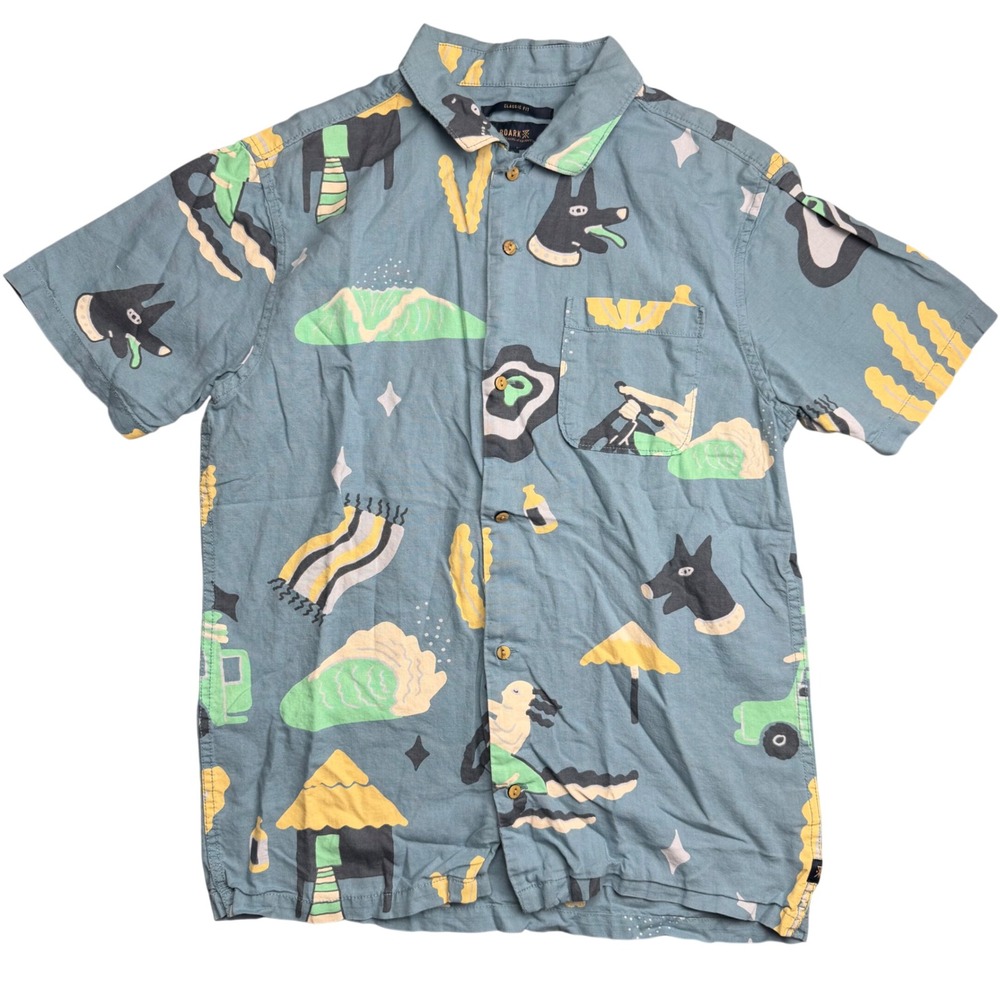 Roark Linen Blend Short Sleeve Button Down Shirt Blue Small Graphic Dog Camp EUC